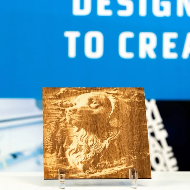 Dog portrait laser engraved in 4 mm wood