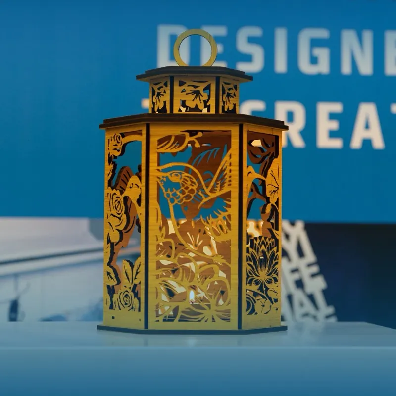 Hummingbird lantern laser cut from wood