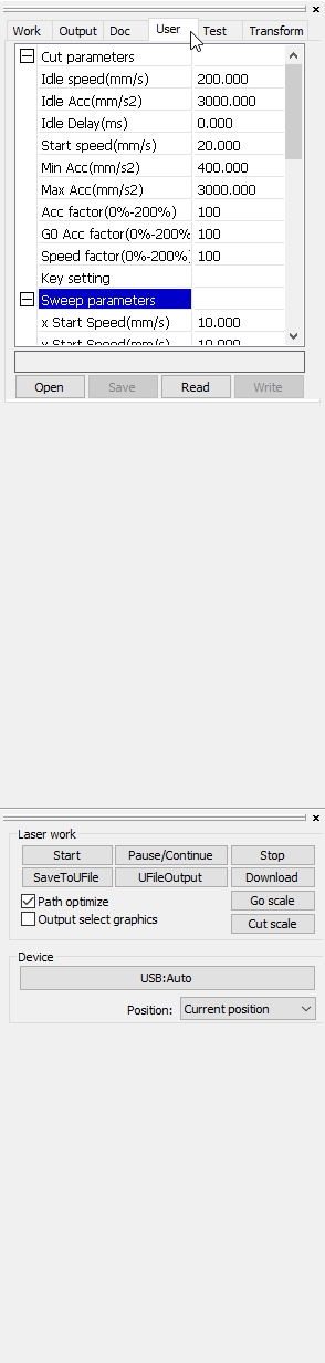 User settings LaserWorkV6