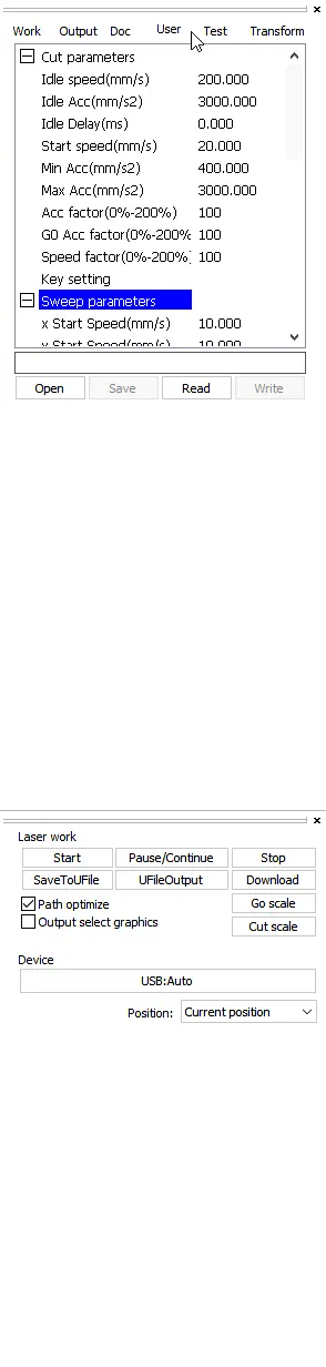 User settings LaserWorkV6