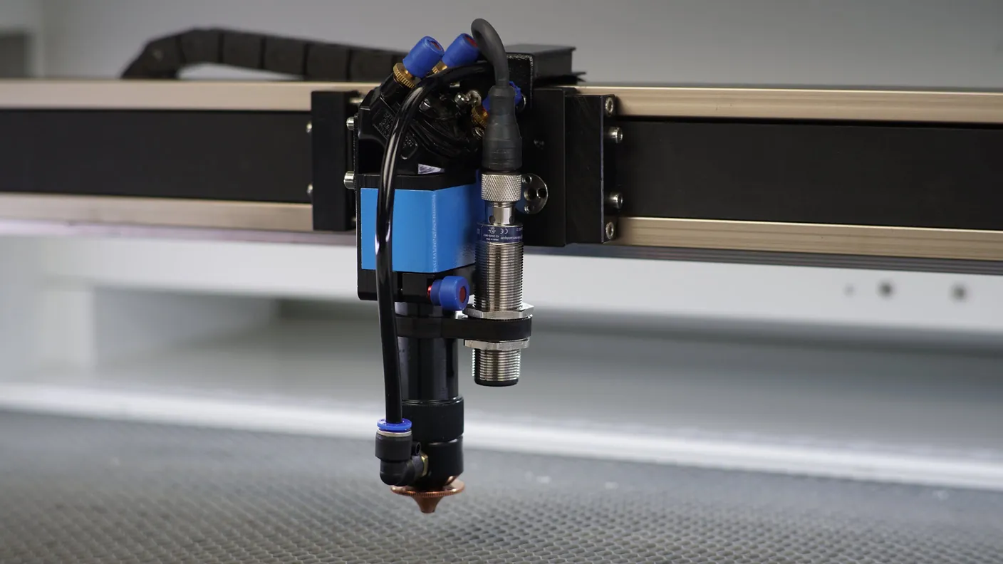 BRM Pro laser head with the ultrasonic autofocus sensor beside the nozzle