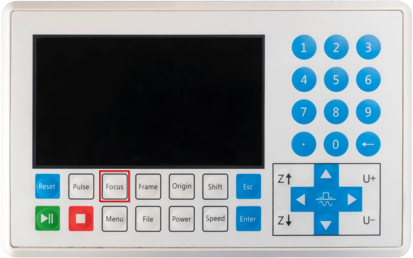 Focus button marked on the laser machine control panel