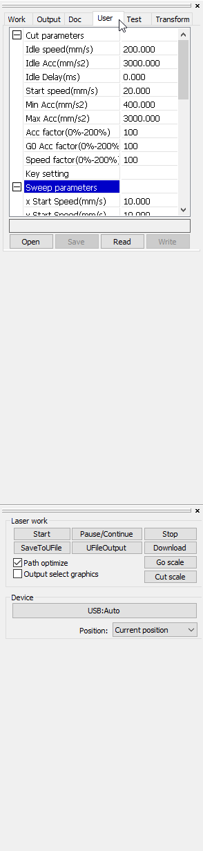 Registerkarte User in LaserWorks V6 mit den Gravierparametern, darunter Line shift speed