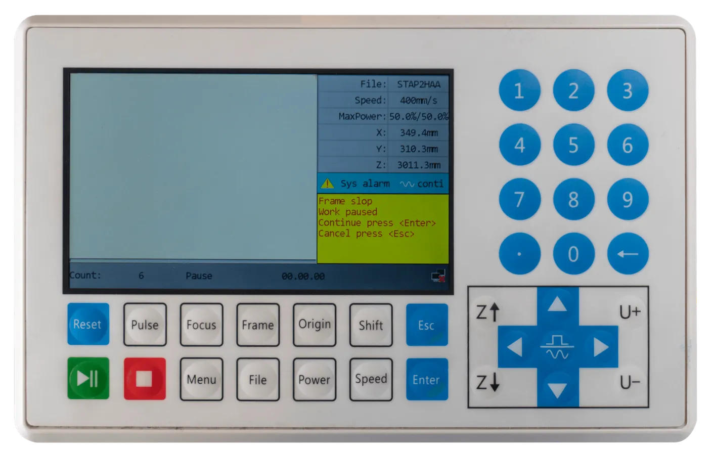Fehlermeldung Frame slop, Work paused auf dem Display der Lasermaschine