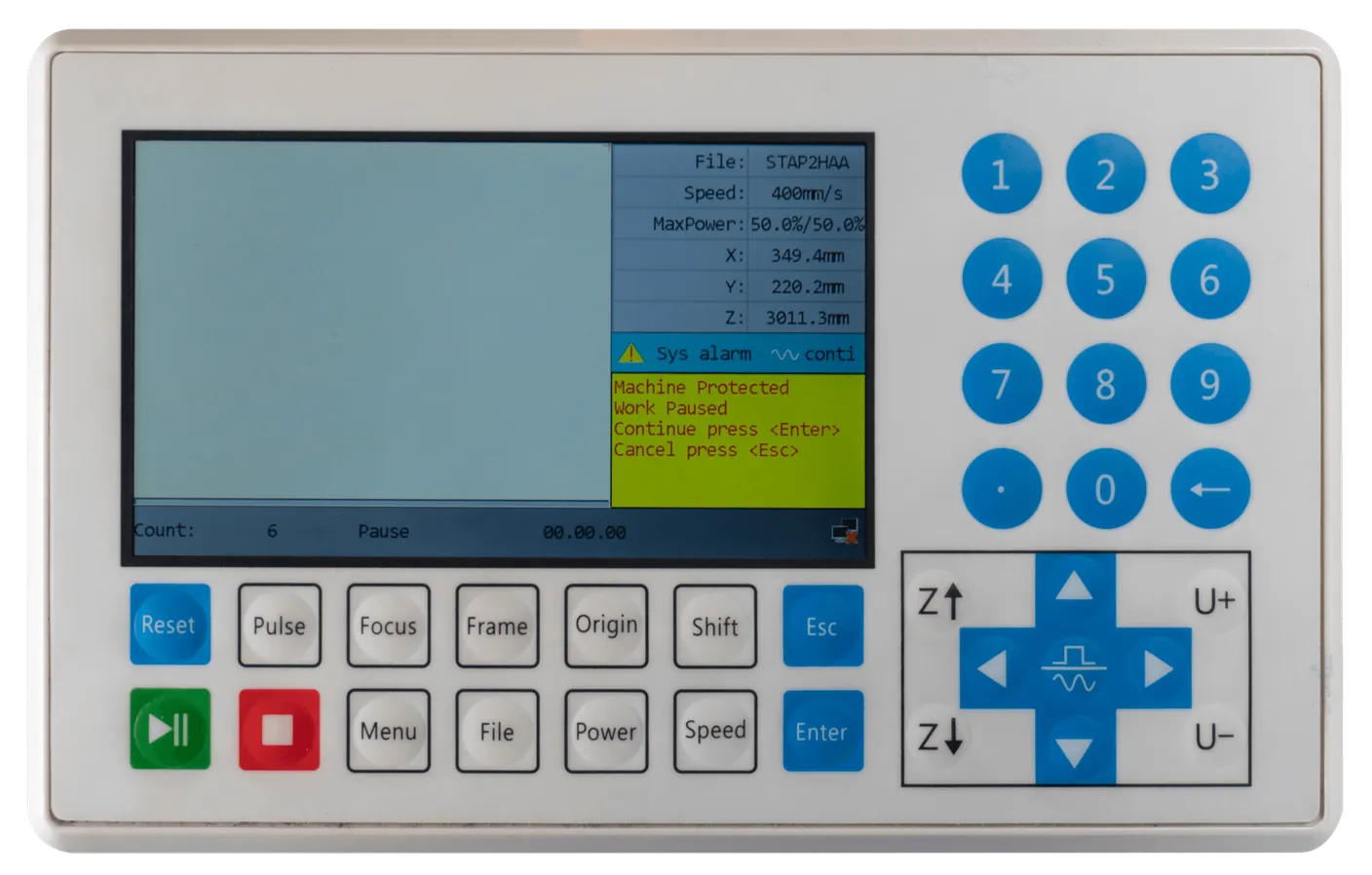 Fehlermeldung Machine Protected, Work Paused auf dem Display der Lasermaschine