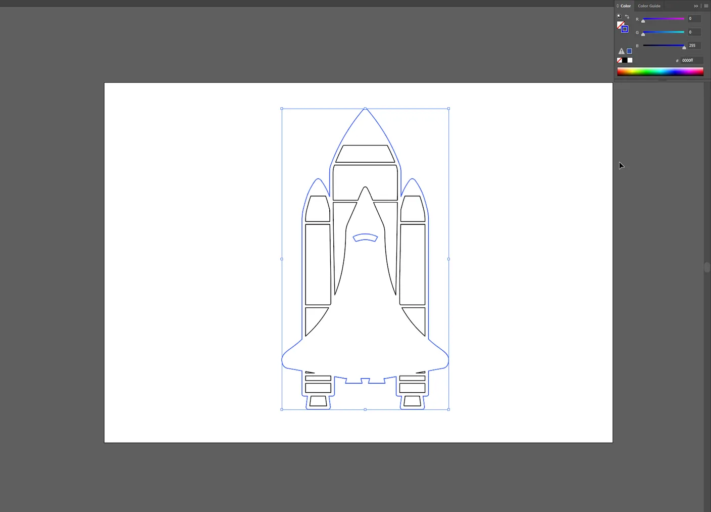 Zeichnung eines Spaceshuttles in Illustrator mit der gesamten Schnittlinie in einer Farbe (Blau)