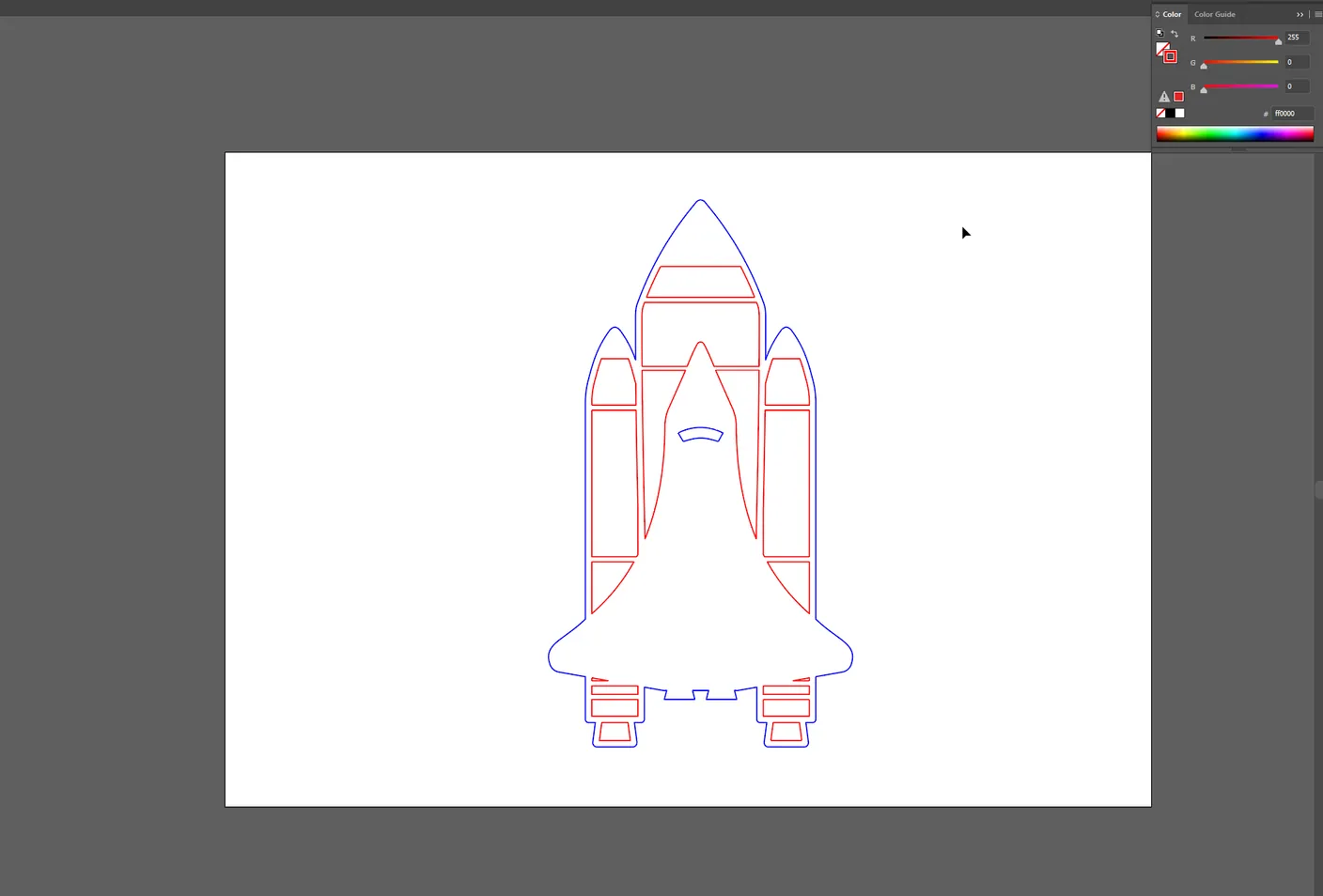 Zeichnung eines Spaceshuttles in Illustrator mit allen Gravurlinien in Rot und der Schnittlinie in Blau