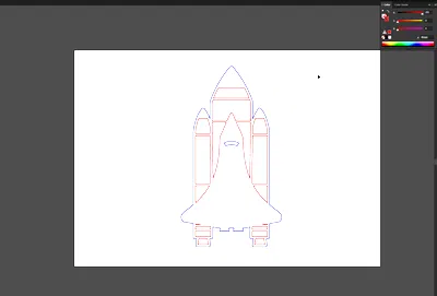 Disegno di uno space shuttle in Illustrator con tutte le linee di incisione in rosso e la linea di taglio in blu