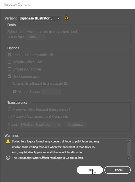 Illustrator Options auf Japanese Illustrator 3 gesetzt, bereit zum Bestätigen mit OK