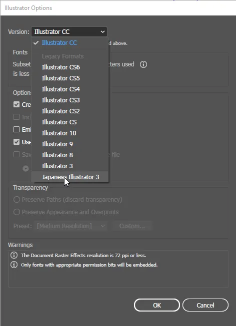 Illustrator Options: Japanese Illustrator 3 in der Liste Version wählen