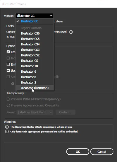 Illustrator Options: scelta di Japanese Illustrator 3 dall’elenco Version