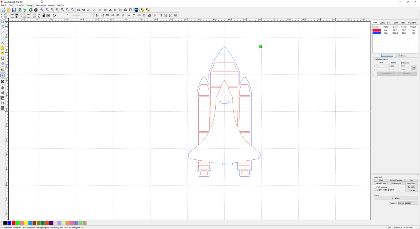 In LaserWorks V6 geöffnete Illustrator-Datei, jede Linienfarbe als eigene Ebene