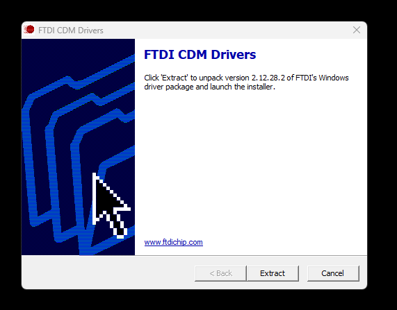 Venster FTDI CDM Drivers met de knop Extract
