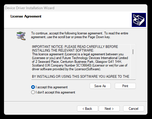 Licentieovereenkomst van de FTDI-driver met I accept this agreement geselecteerd