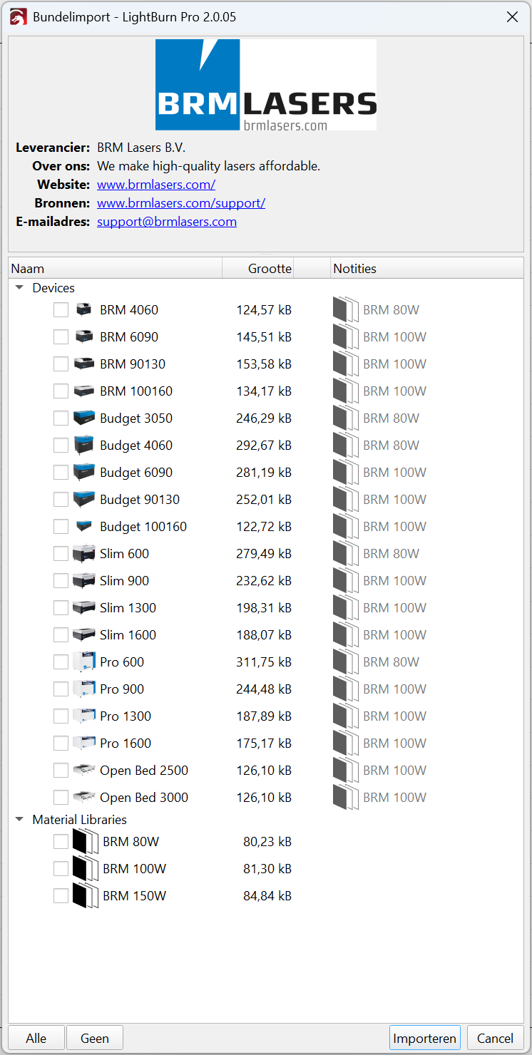 LightBurn Bundle Import window with the BRM Lasers machine and material library package