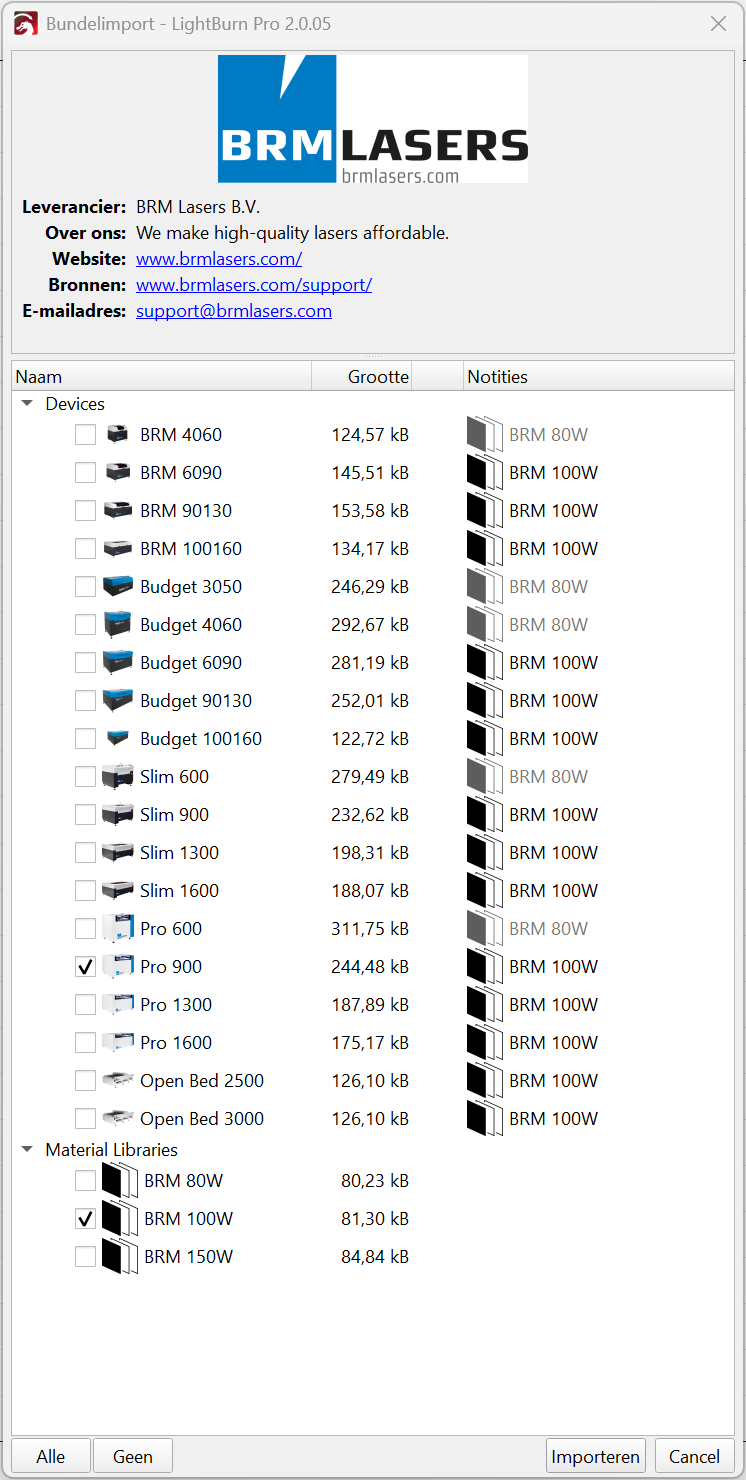 BRM Lasers bundle in LightBurn with a machine model and a material library ticked
