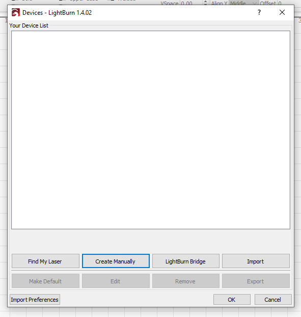 Knop Create Manually in het Devices-venster van LightBurn