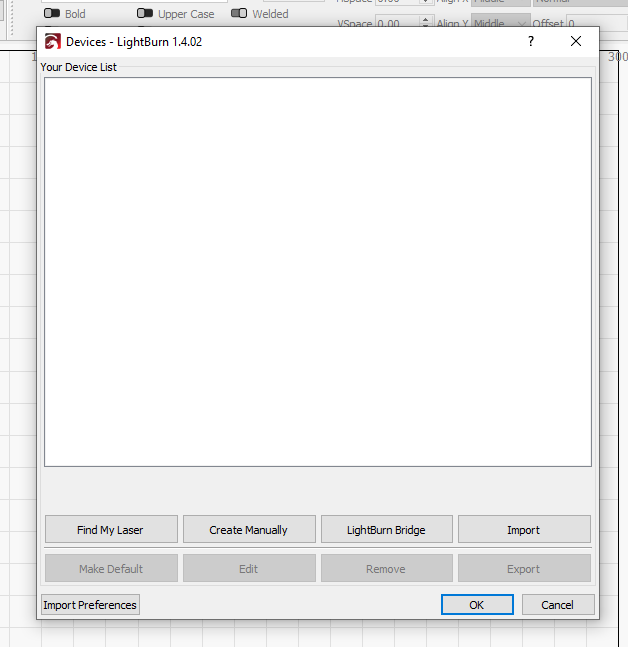 Leeg Devices-venster in LightBurn met de knop Import