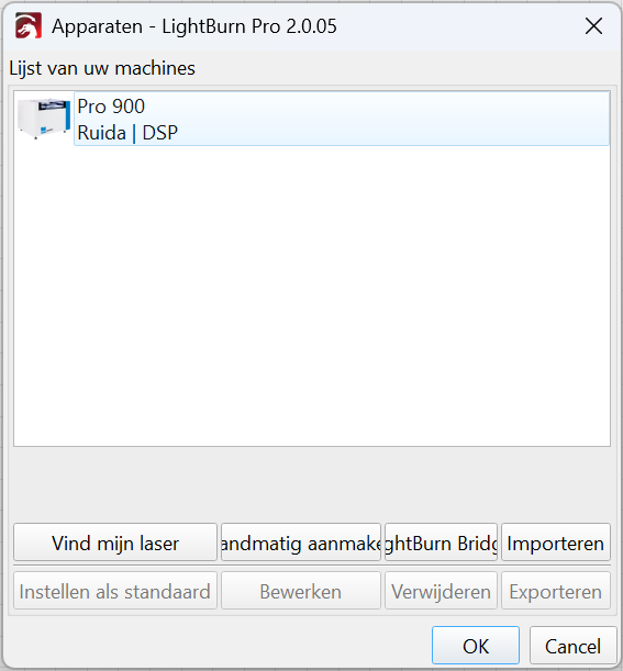Imported BRM Pro 900 (Ruida DSP) in LightBurn’s machine list