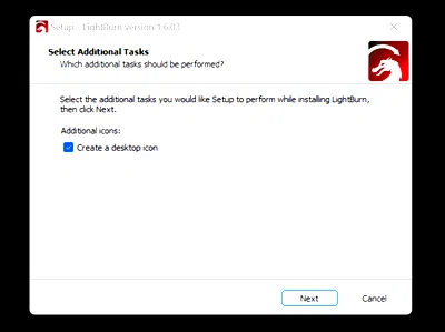 Installazione di LightBurn: Create a desktop icon spuntato in Select Additional Tasks