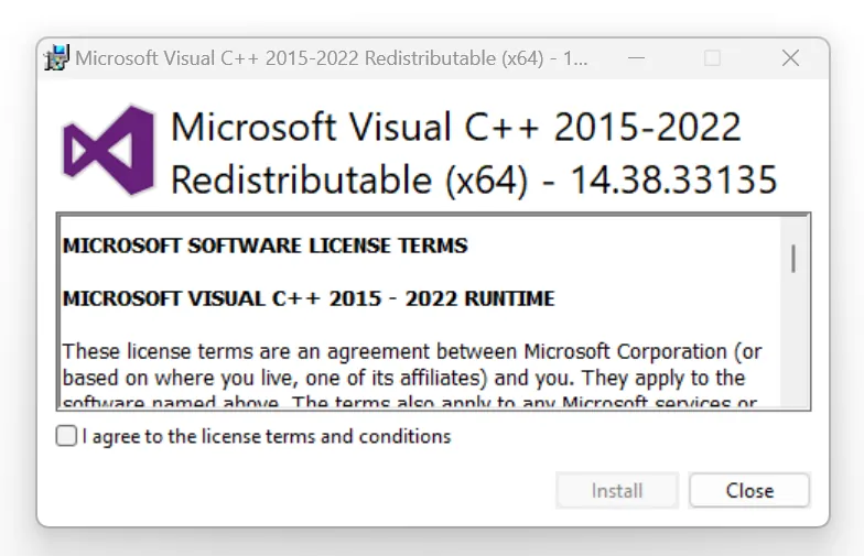 Licentievoorwaarden van Microsoft Visual C++ Redistributable tijdens de installatie van LightBurn