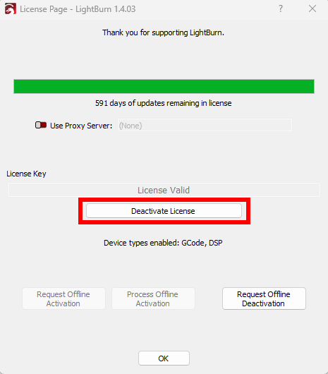 Lizenzseite von LightBurn mit gültiger Lizenz und der Schaltfläche Deactivate License