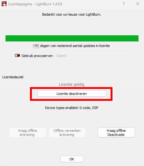 Licentiepagina van LightBurn met een geldige licentie en de knop Licentie deactiveren