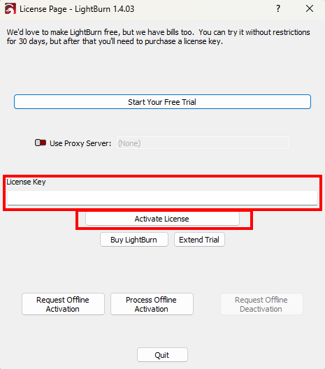 Licentiepagina van LightBurn: veld License Key en knop Activate License