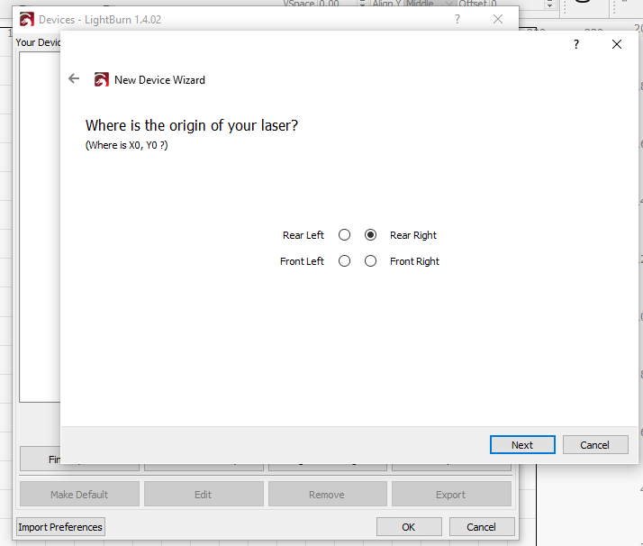 New Device Wizard in LightBurn: nulpunt van de machine op Rear Right