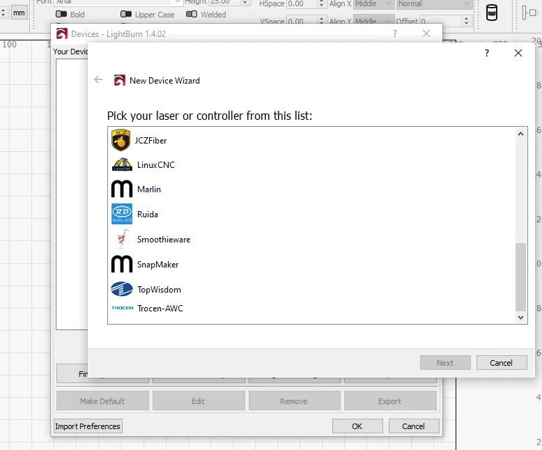 New Device Wizard in LightBurn: de Ruida-controller kiezen