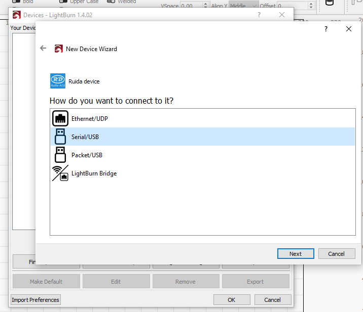 New Device Wizard in LightBurn: het Ruida-apparaat via Serial/USB verbinden