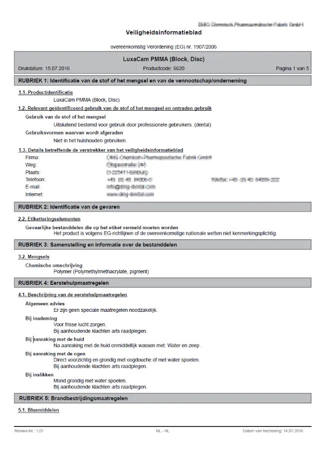 Erste Seite eines Sicherheitsdatenblatts (MSDS) für PMMA-Acryl