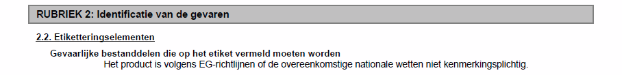 MSDS Abschnitt 2, mögliche Gefahren: keine kennzeichnungspflichtigen gefährlichen Bestandteile