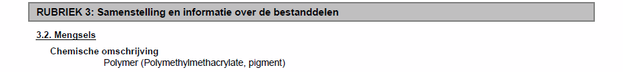 MSDS Abschnitt 3, Zusammensetzung: Polymer (Polymethylmethacrylat, Pigment)
