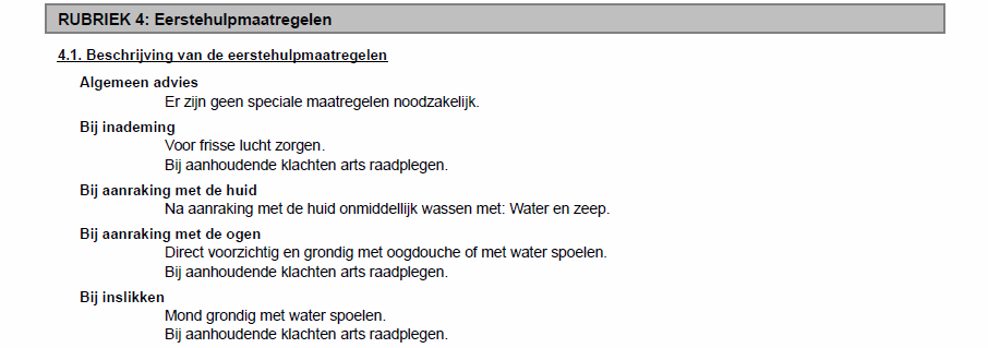 MSDS Abschnitt 4, Erste-Hilfe-Maßnahmen bei Einatmen, Haut- und Augenkontakt und Verschlucken