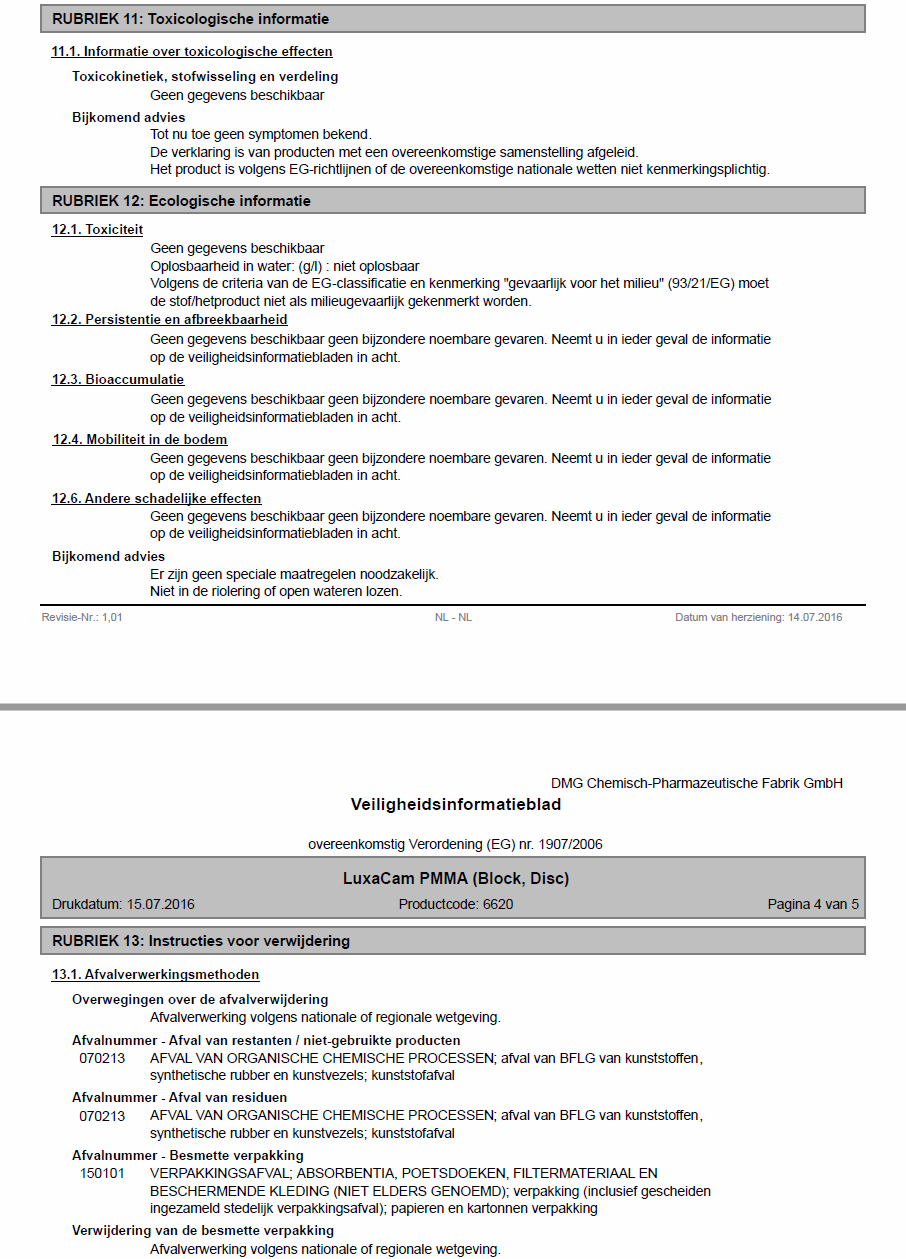 MSDS Abschnitte 11 bis 13: toxikologische und ökologische Angaben sowie Entsorgung