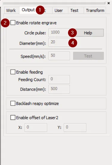 Registerkarte Output in LaserWorks V6 mit Enable rotate engrave, Circle pulse und Diameter