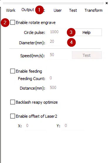 Tabblad Output in LaserWorks V6 met Enable rotate engrave, Circle pulse en Diameter
