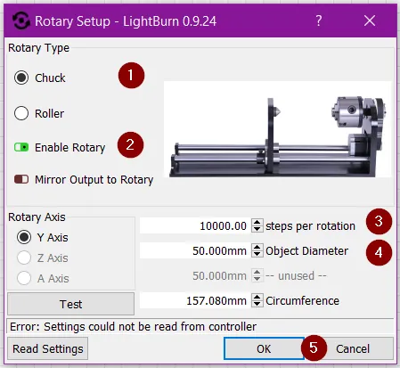 Rotary Setup in LightBurn voor de klauw: Chuck, Enable Rotary, 10000 steps per rotation en objectdiameter