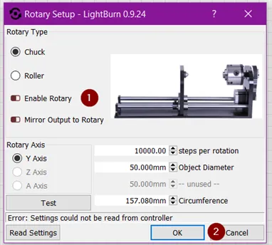 Rotary Setup in LightBurn met Enable Rotary uit, om weer op de tafel te werken