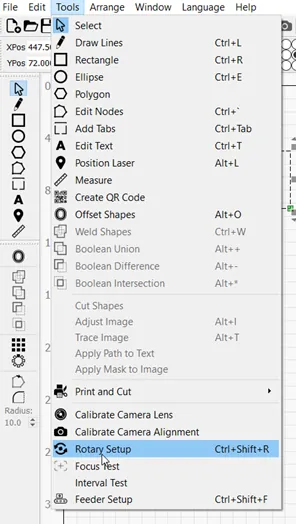 Menu Tools in LightBurn met Rotary Setup geselecteerd