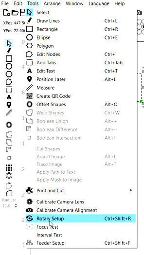 Tools dropdown in LightBurn