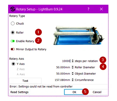 Rotary setup LightBurn